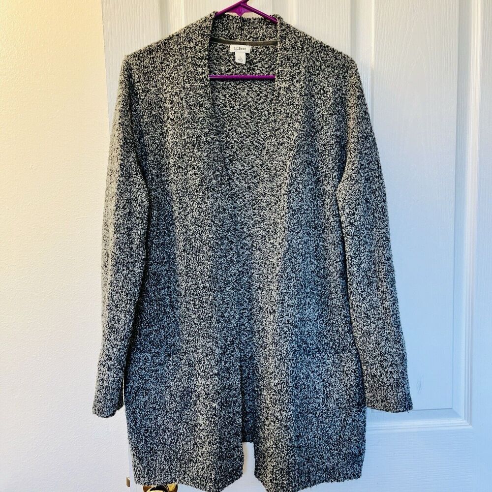 L.L Bean Open Front L Cardigan Wool Blend Knitted Black & White Duster Boho Boxy